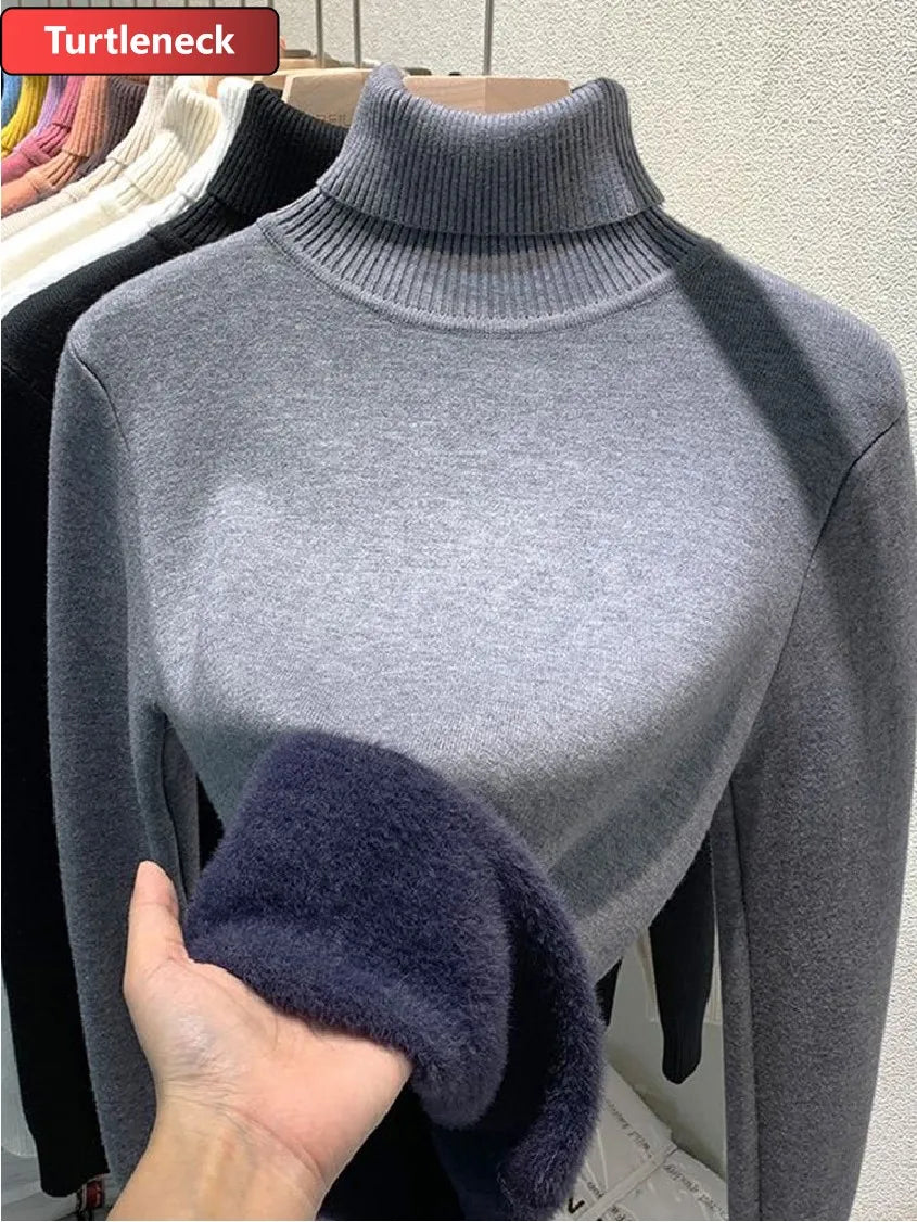 Turtleneck Winter Sweater Women Elegant Thicken Velvet Lined Warm Sueter Knitted Pullover Slim Tops Jersey Knitwear Jumper New