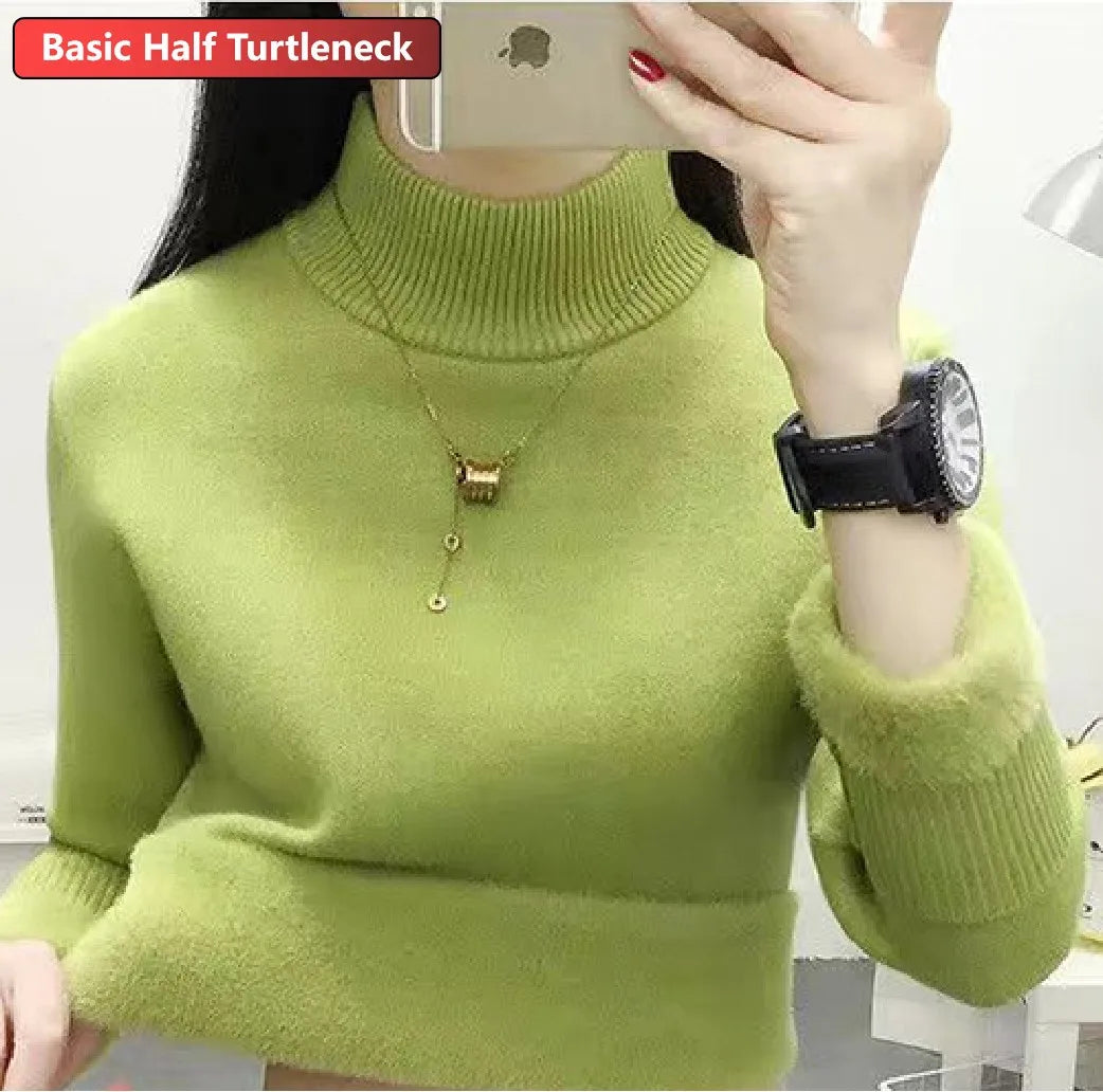 Turtleneck Winter Sweater Women Elegant Thicken Velvet Lined Warm Sueter Knitted Pullover Slim Tops Jersey Knitwear Jumper New